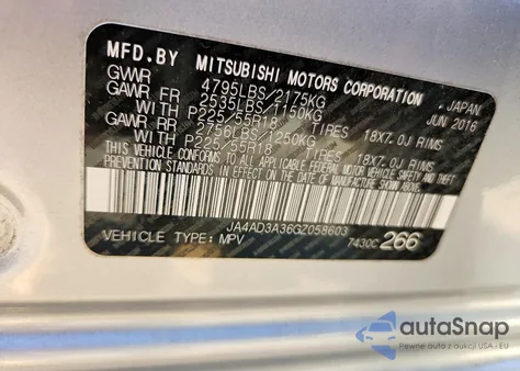 2016 Mitsubishi Outlander Se z USA, uszkodzony, nr VIN JA4AD3A36GZ058603